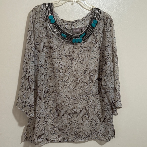 Chico’s Woman 3X Blouse 3/4th Sleeve Sheer Tunic Tops Embellished - Picture 1 of 10